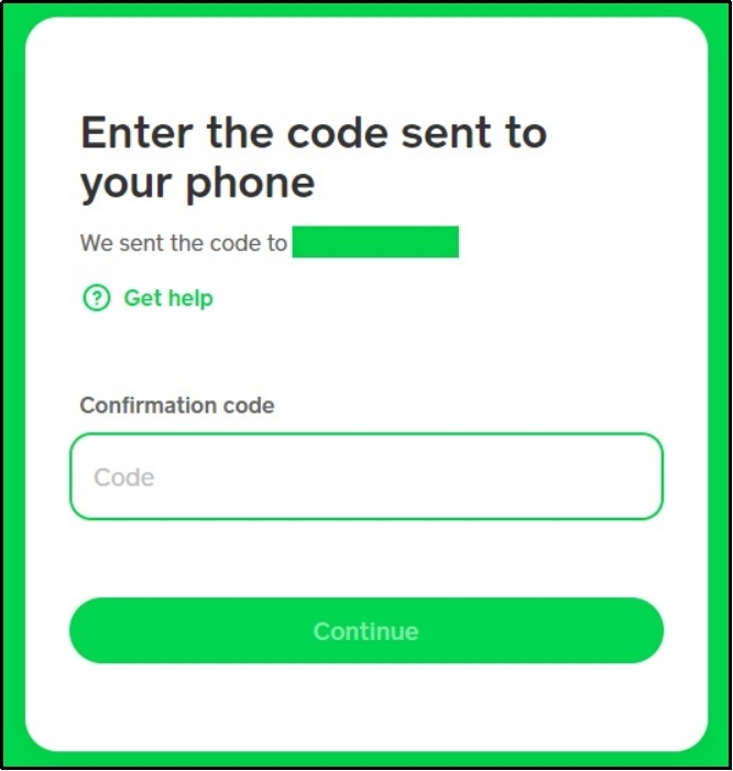 Entering verification code in the Cash App