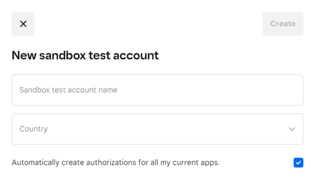 New Sandbox test account interface for payment setup.