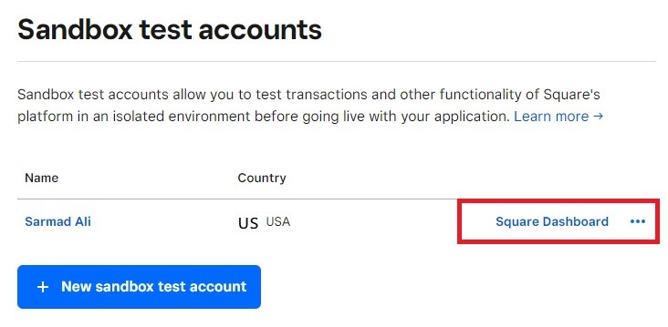 User account dashboard in the Square Dashboard application.