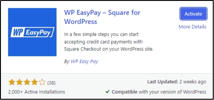 Click the Activate button to activate WP EasyPay plugin after installation