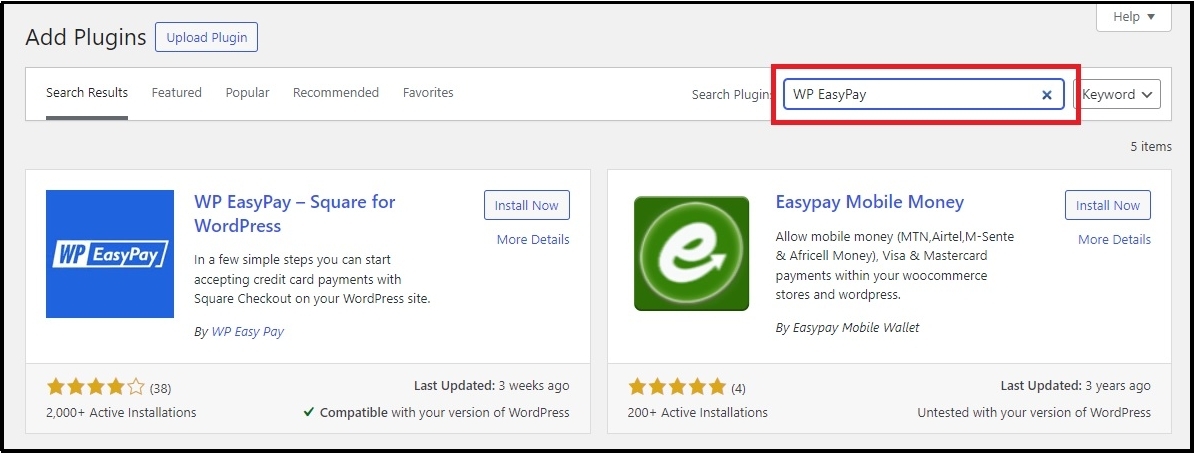 Search for WP EasyPay plugin in the WordPress plugin directory