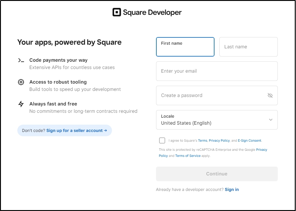 Form to input business information on the Square developer account setup page.