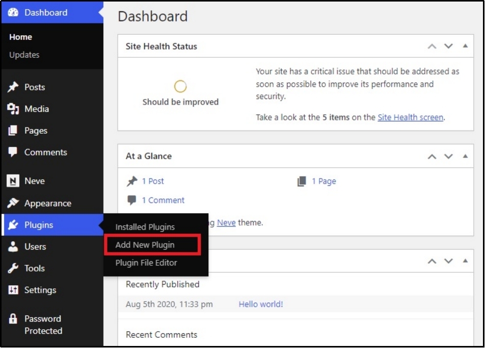 Navigating to the WordPress dashboard to begin installing the WP EasyPay plugin.