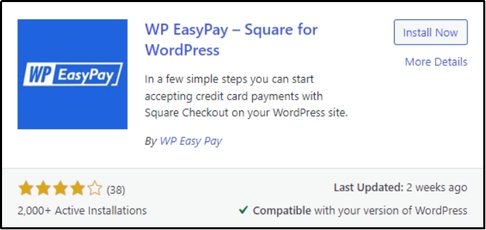 Highlighted 'Install Now' button to start installing the WP EasyPay plugin.