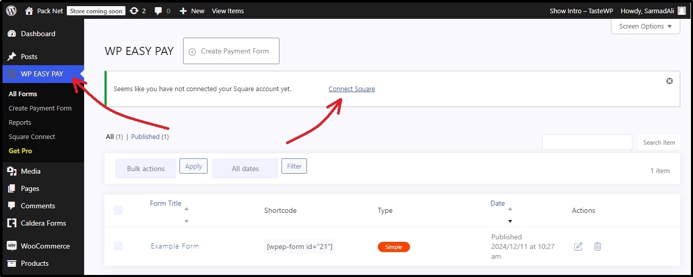 Navigation screen in WP EasyPay to connect the Square account for payment processing.