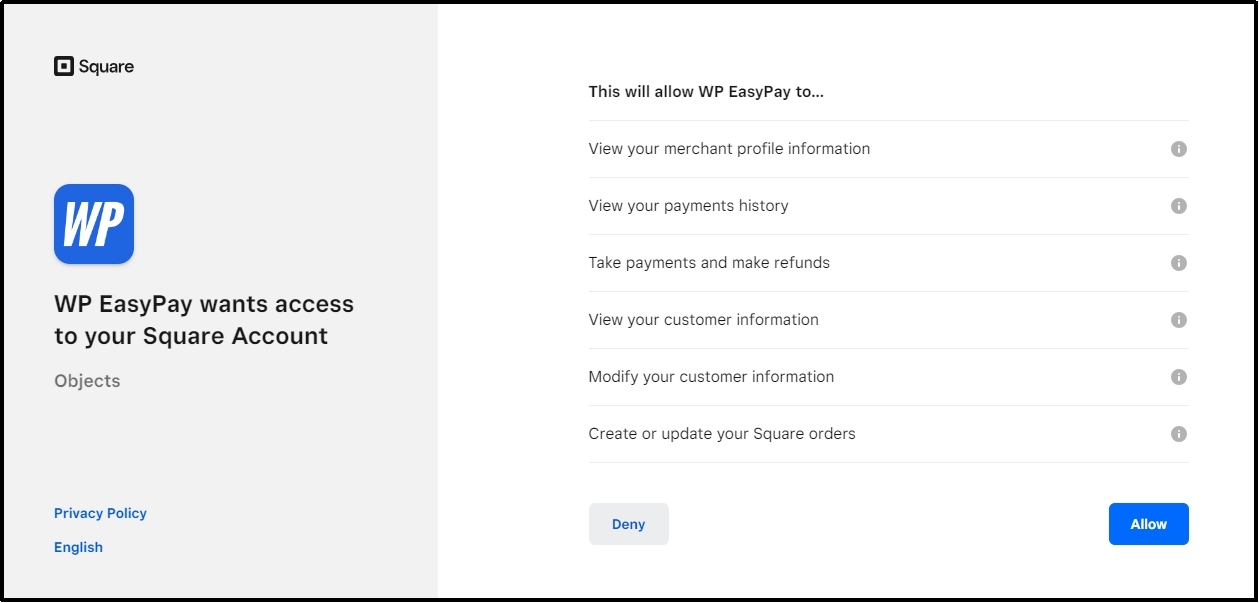 Permission request screen for WP EasyPay to access the Square account.