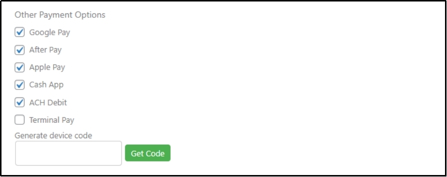 Screen showing the option to select all available payment options for the form.