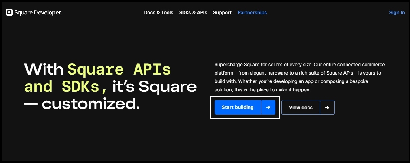 Screenshot showing steps to set up a Square developer account.