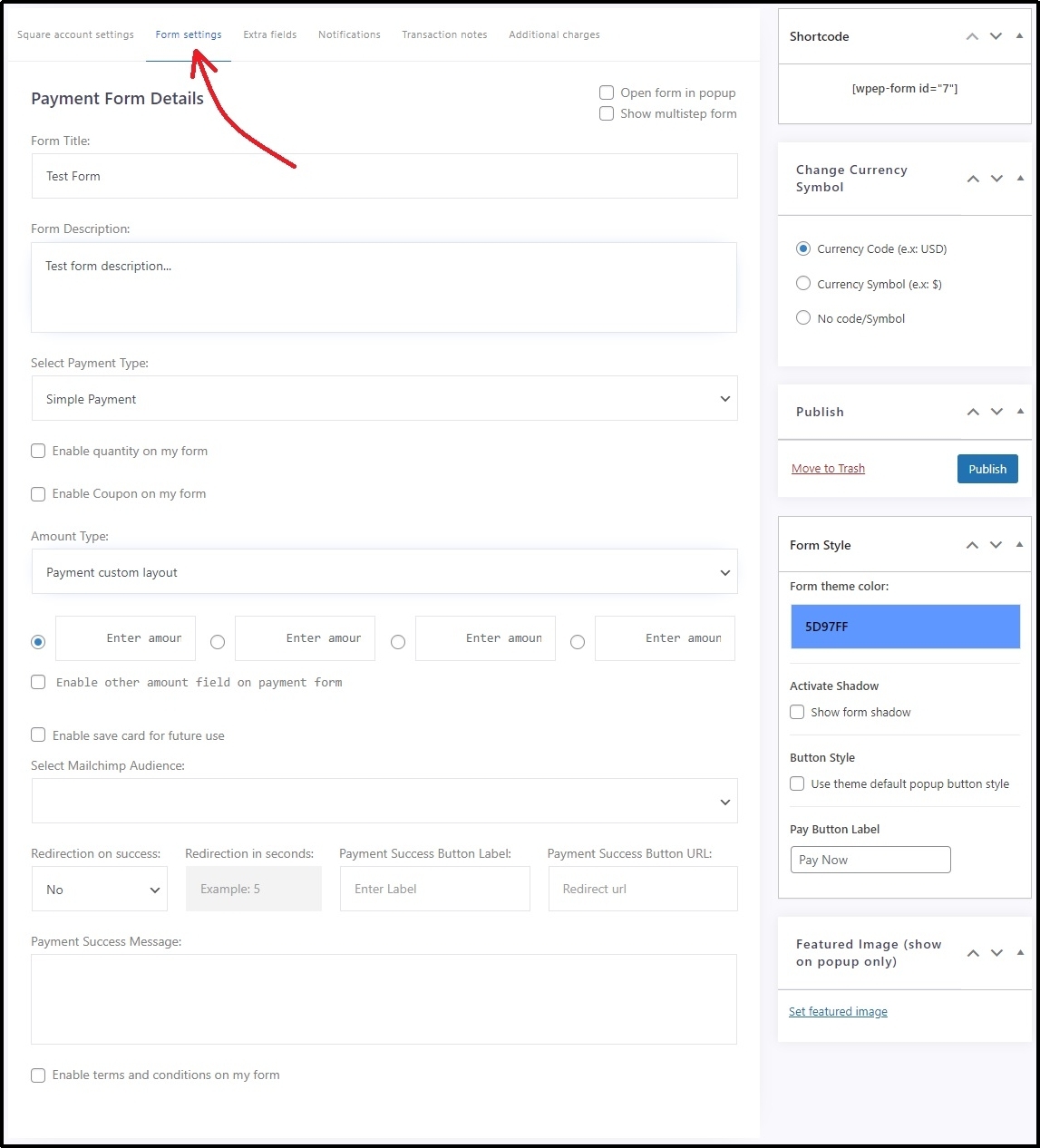 Switching to form settings to name the payment form.